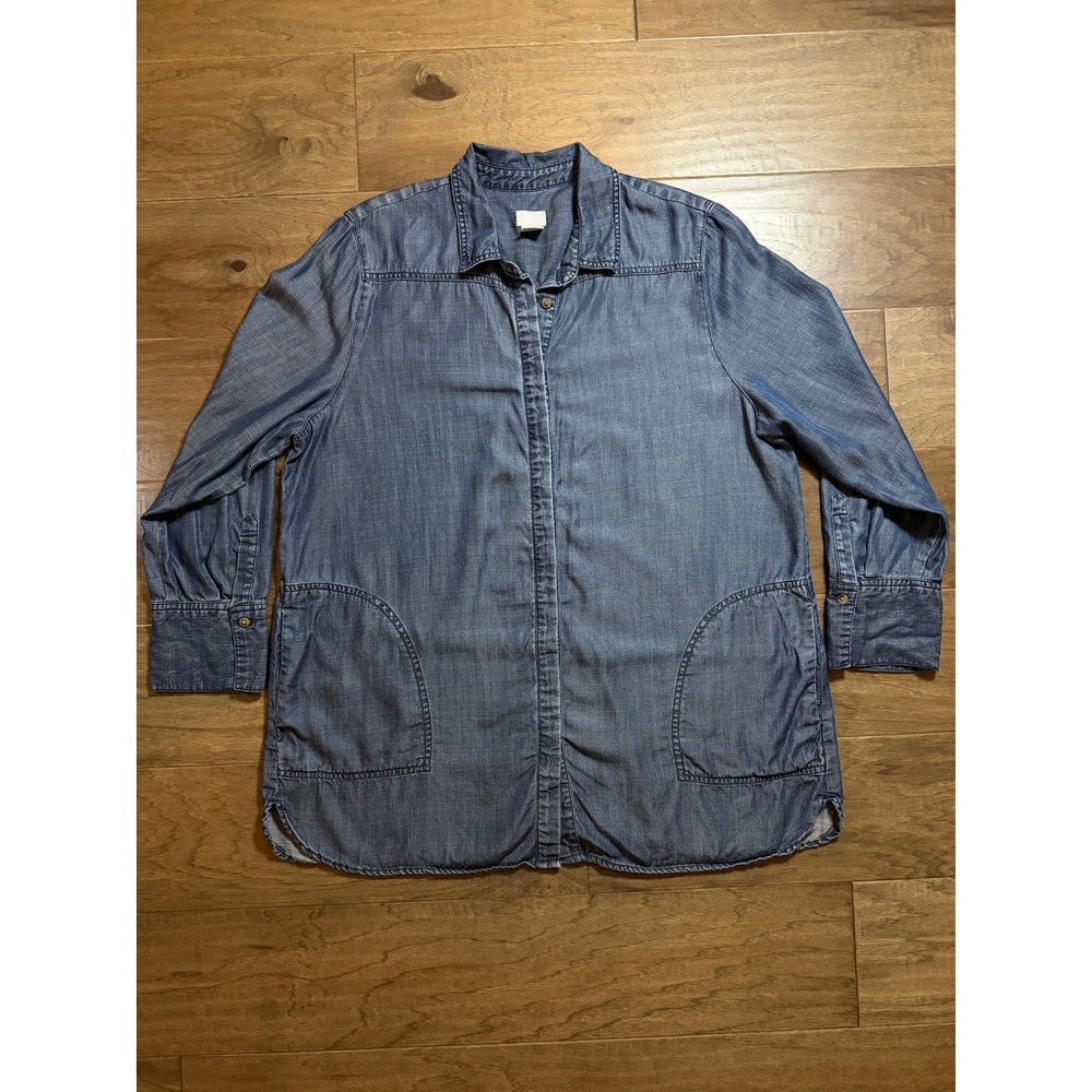 Chicos Blue Lyocell Chambray Button Down Tunic Shirt Womens Size 3 Large Pockets